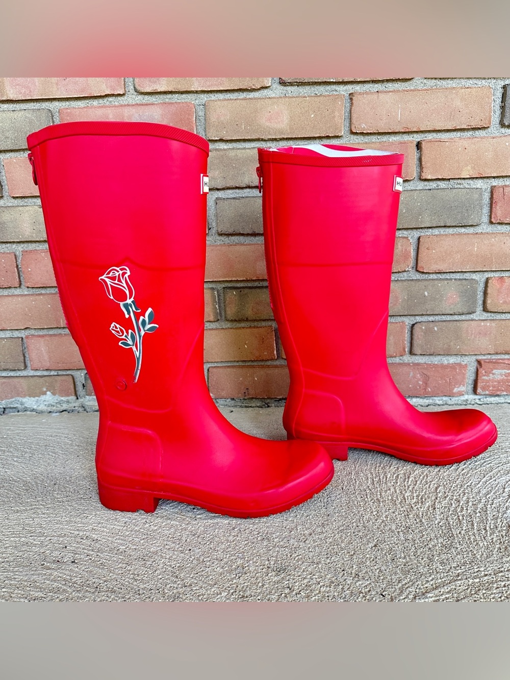 Hunter for Target Red Floral Tall Rain Boots Women’s Size 8 Striped Lining - Picture 4 of 14